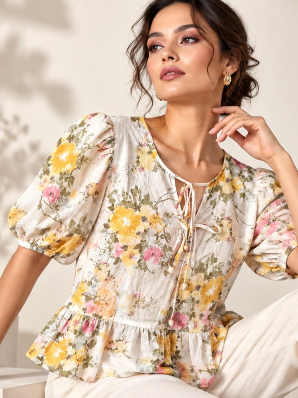 Parker Floral Peplum Blouse Puff Sleeve Wood Bead Gold Detail Cream Yellow Pink